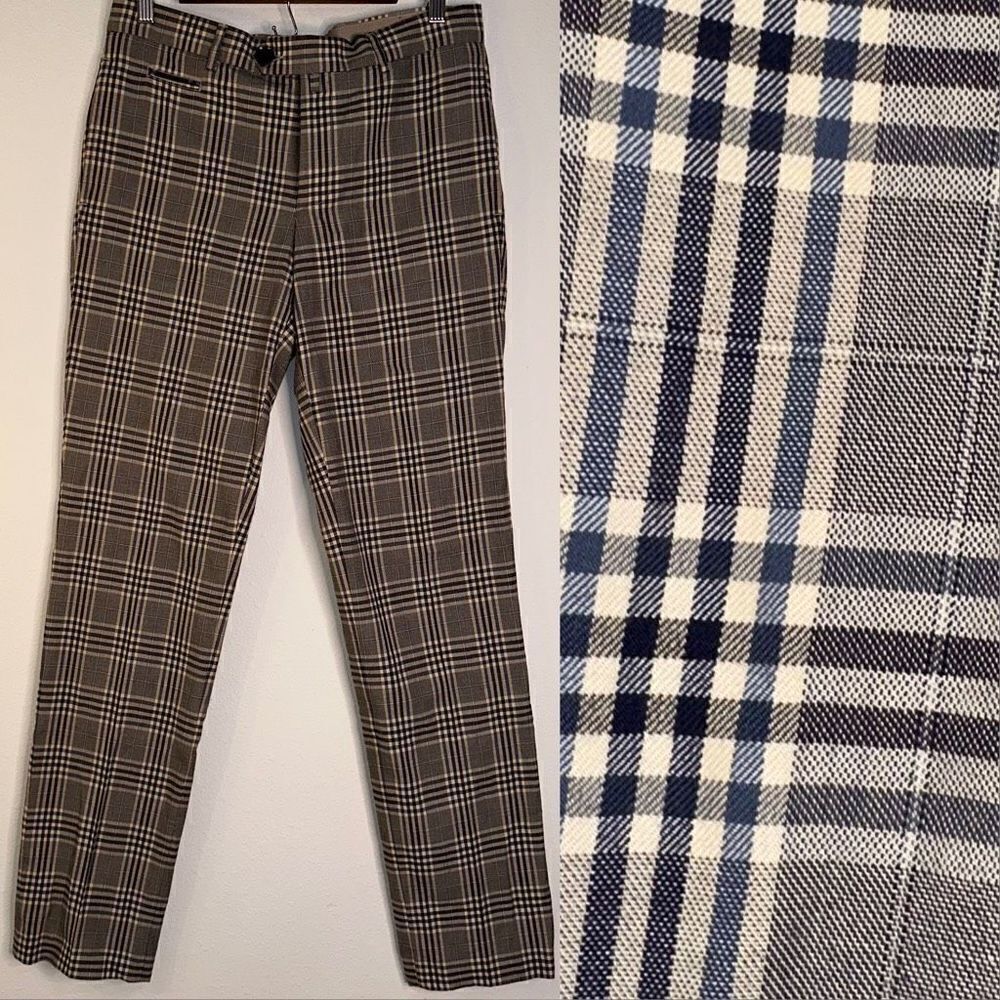 H.E. By Mango Mens 30” Gray & Blue Preppy Tartan Trousers Modern Business Formal